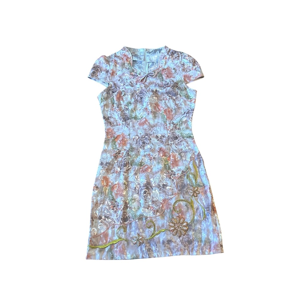 Shang Xian Yue Fairy Floral Brocade Mini Dress Pink Gold Metallic Sequin Size S